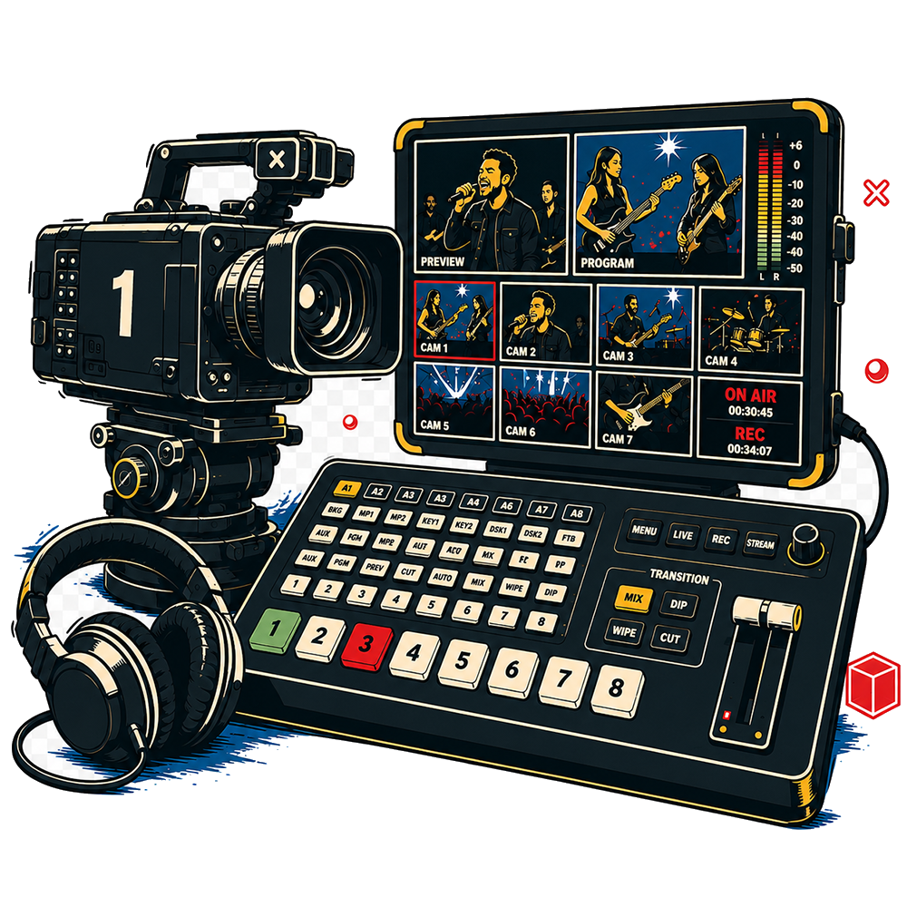 Illustration of a broadcast camera, switcher, multiview monitor, and headphones.