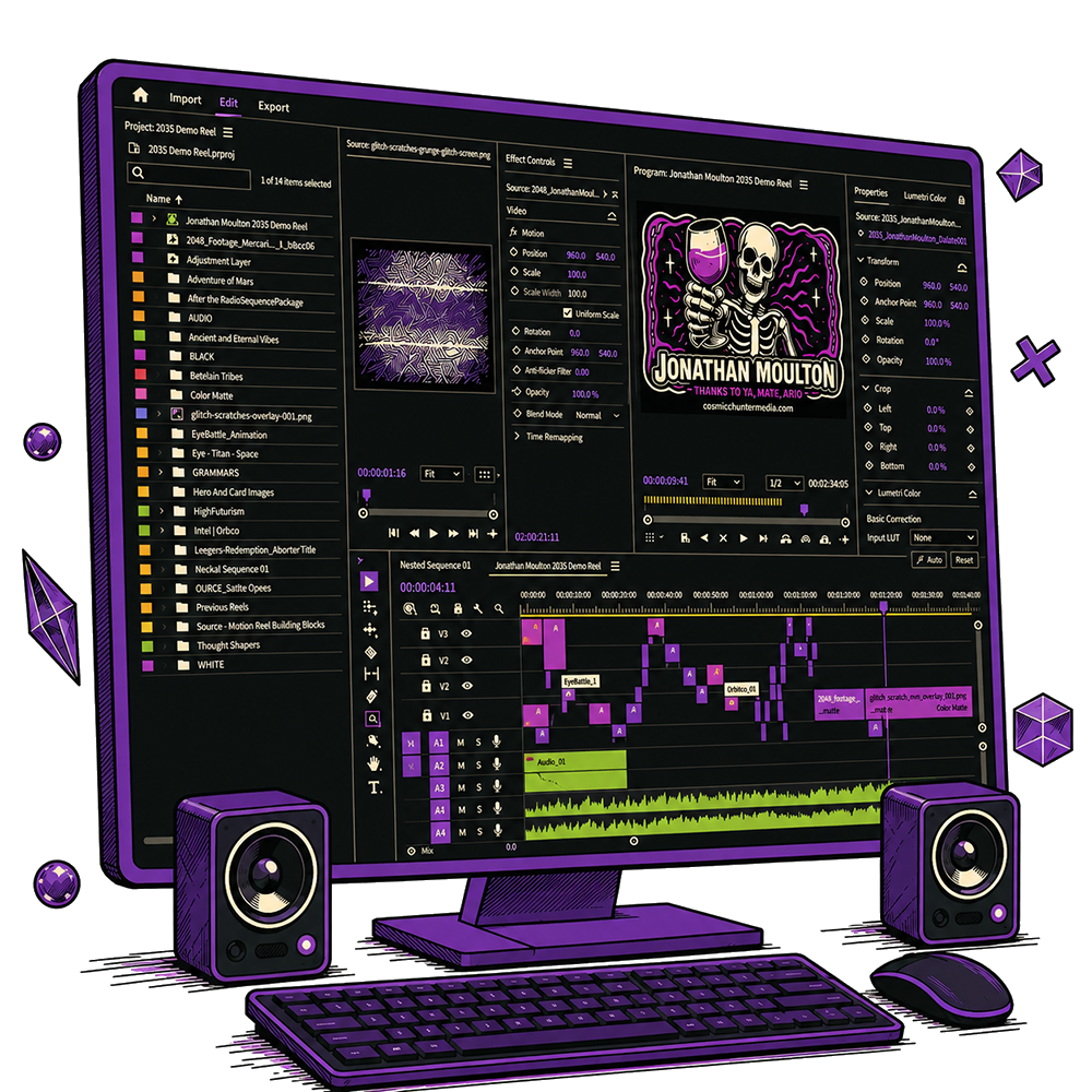 Illustration of a video editing workstation with timeline, speakers, keyboard, and mouse.